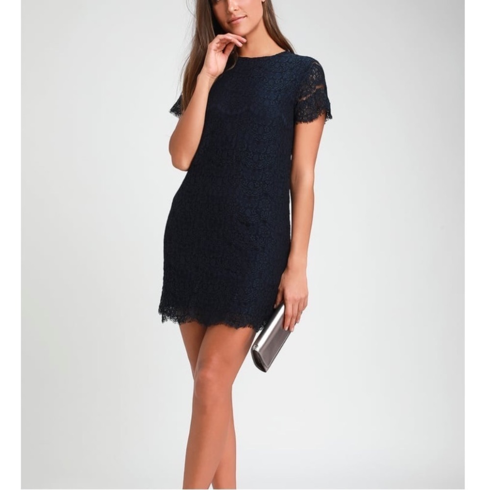 Lulus Take Me to Brunch Navy Blue Lace Shift Dress